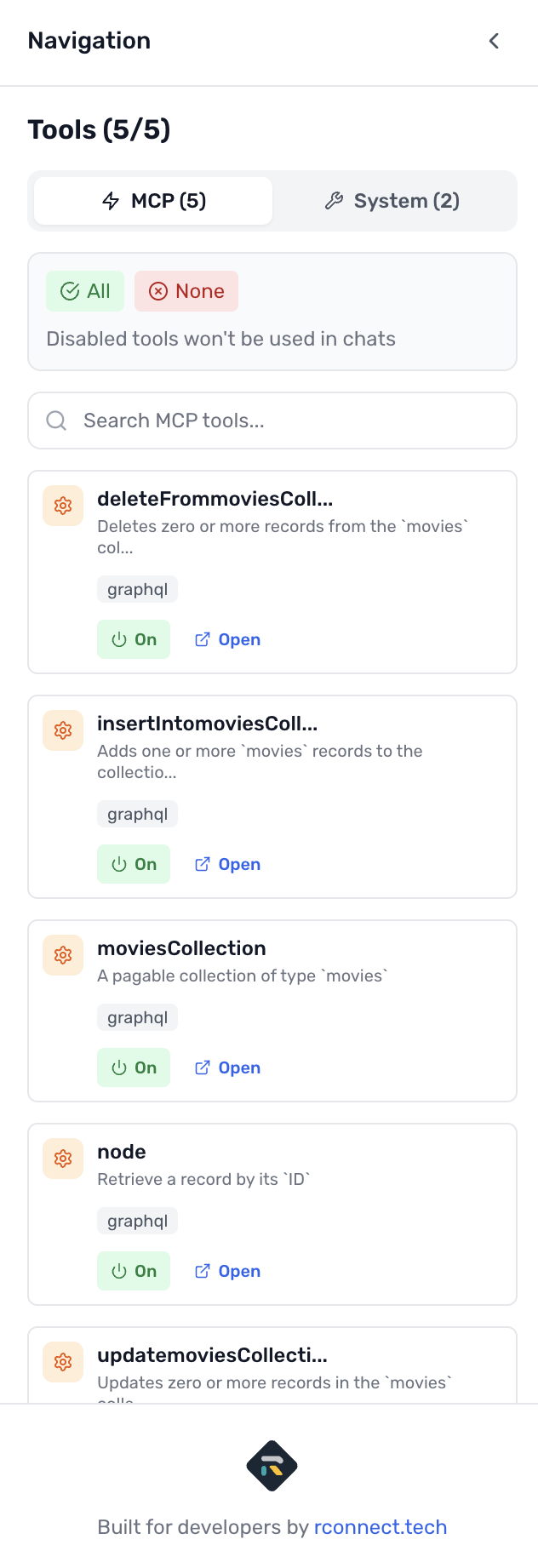 MCP Connect showing discovered GraphQL tools