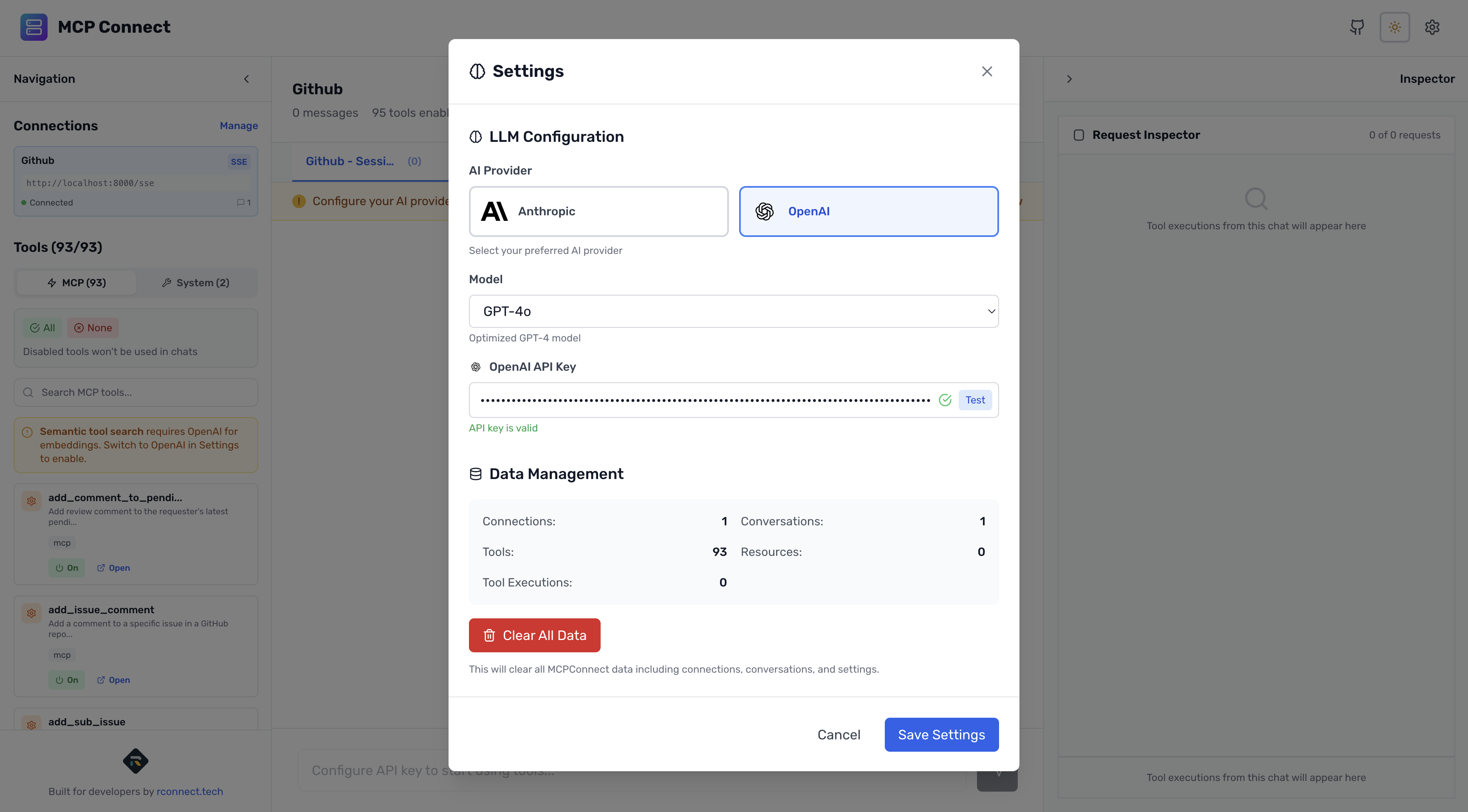 MCP Connect Inspector UI settings panel showing OpenAI API key configuration